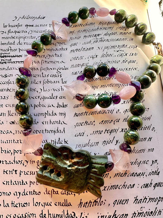 Quetzalcoatl rose quartz & kyanite Necklace