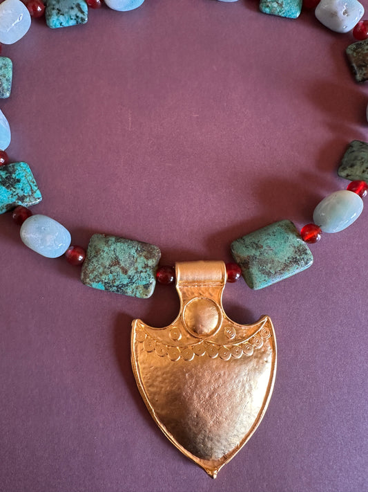 Turquoise and Carnelian gold plate Necklace