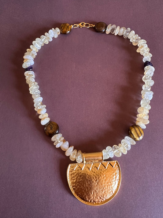 citrine and tigers eye gold plate Necklace