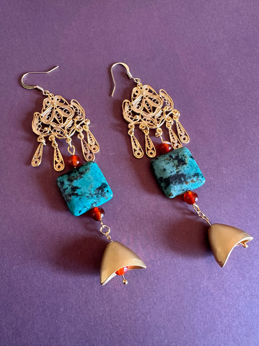 turquoise and carnelian golden dangle earrings