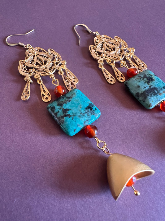 turquoise and carnelian golden dangle earrings