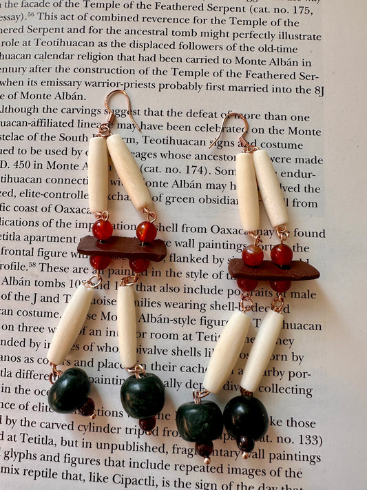 Bone, carnelian and Jade earrings