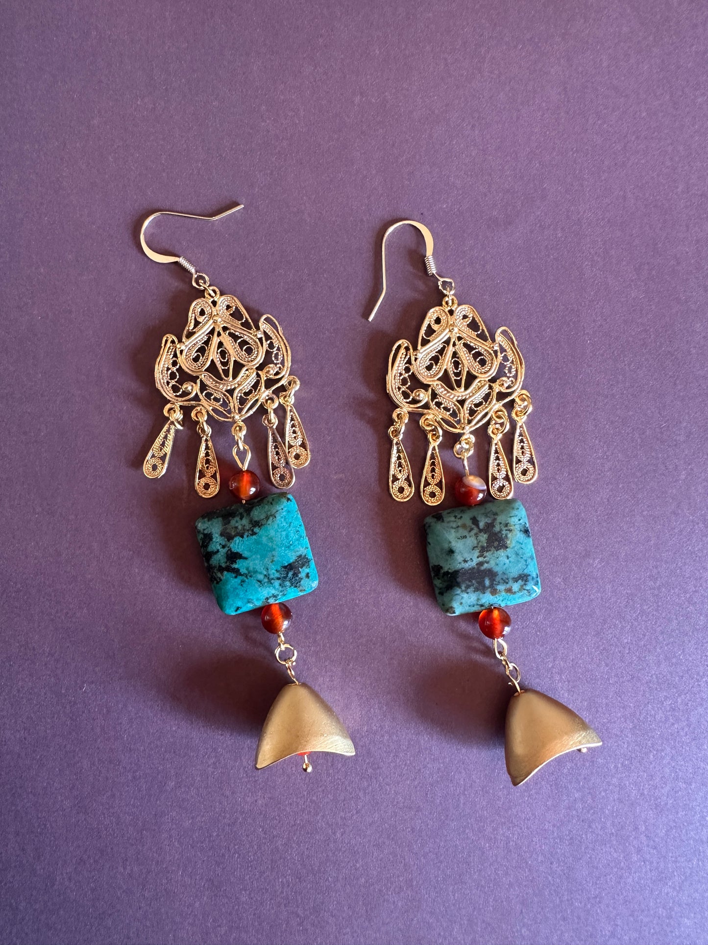 turquoise and carnelian golden dangle earrings