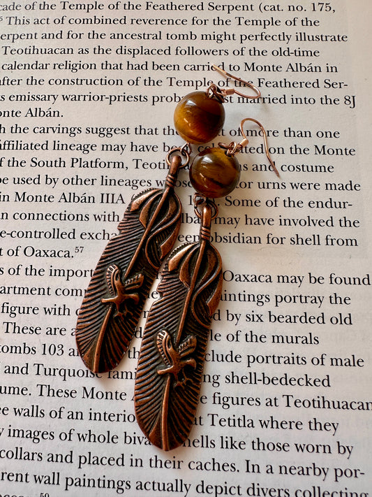 Feather and tigers eye earrings