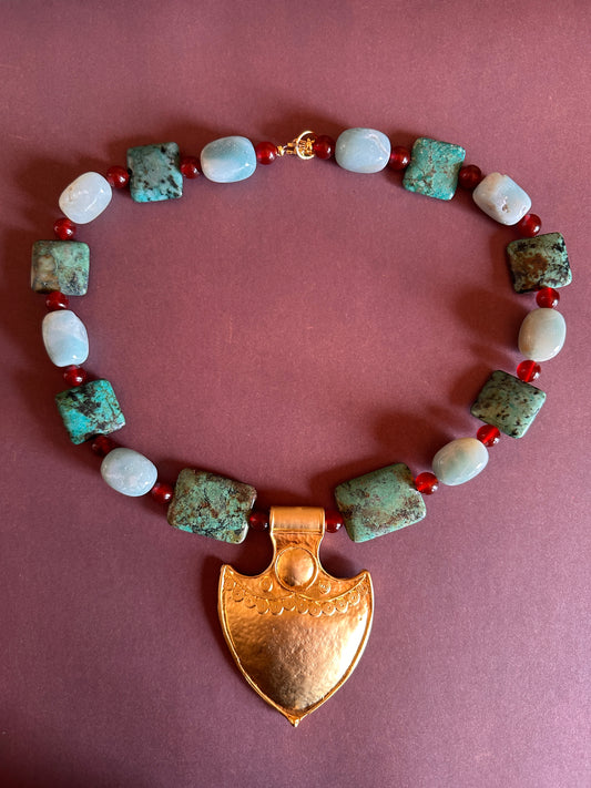 Turquoise and Carnelian gold plate Necklace