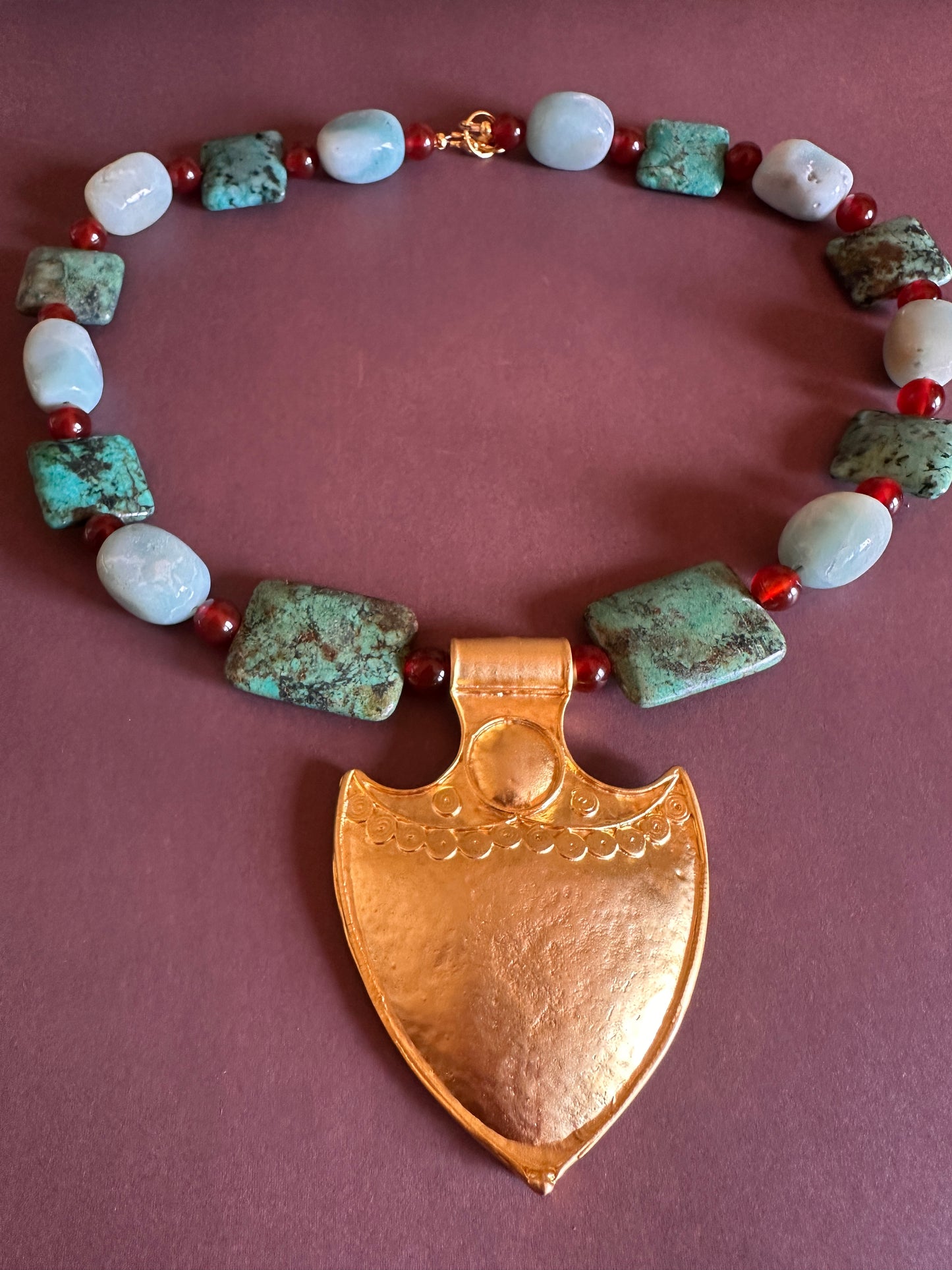 Turquoise and Carnelian gold plate Necklace