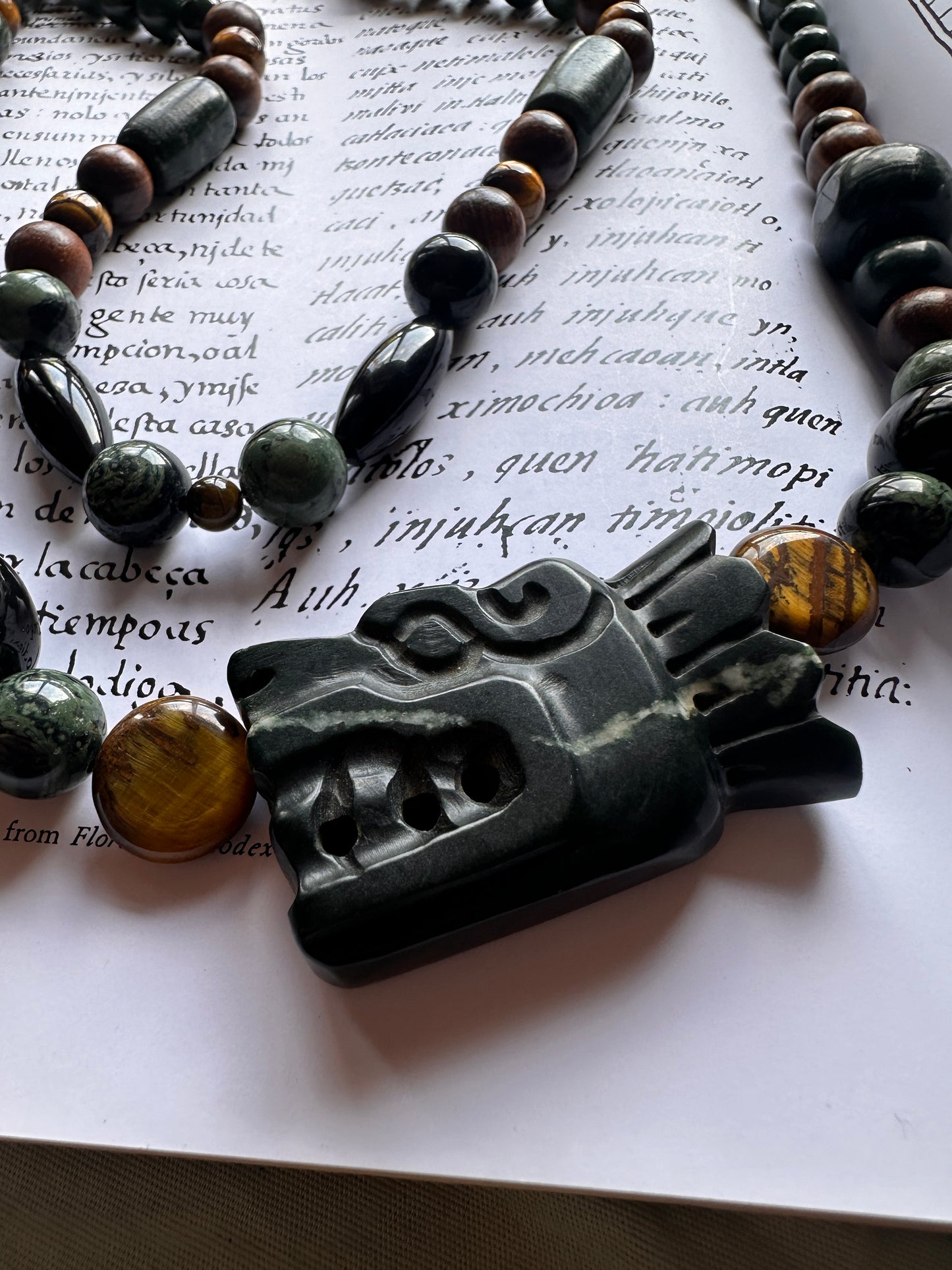 Two-layered Quetzalcoatl head jade necklace