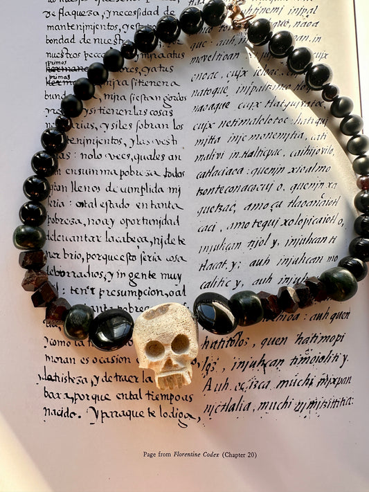 Miquiztli Skull Garnet and Obsidian Necklace